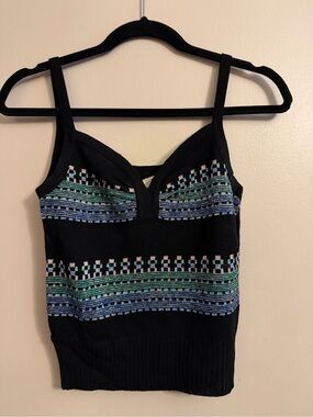 Vintage Black Knit Camisole with Pastel Stripe Pattern
